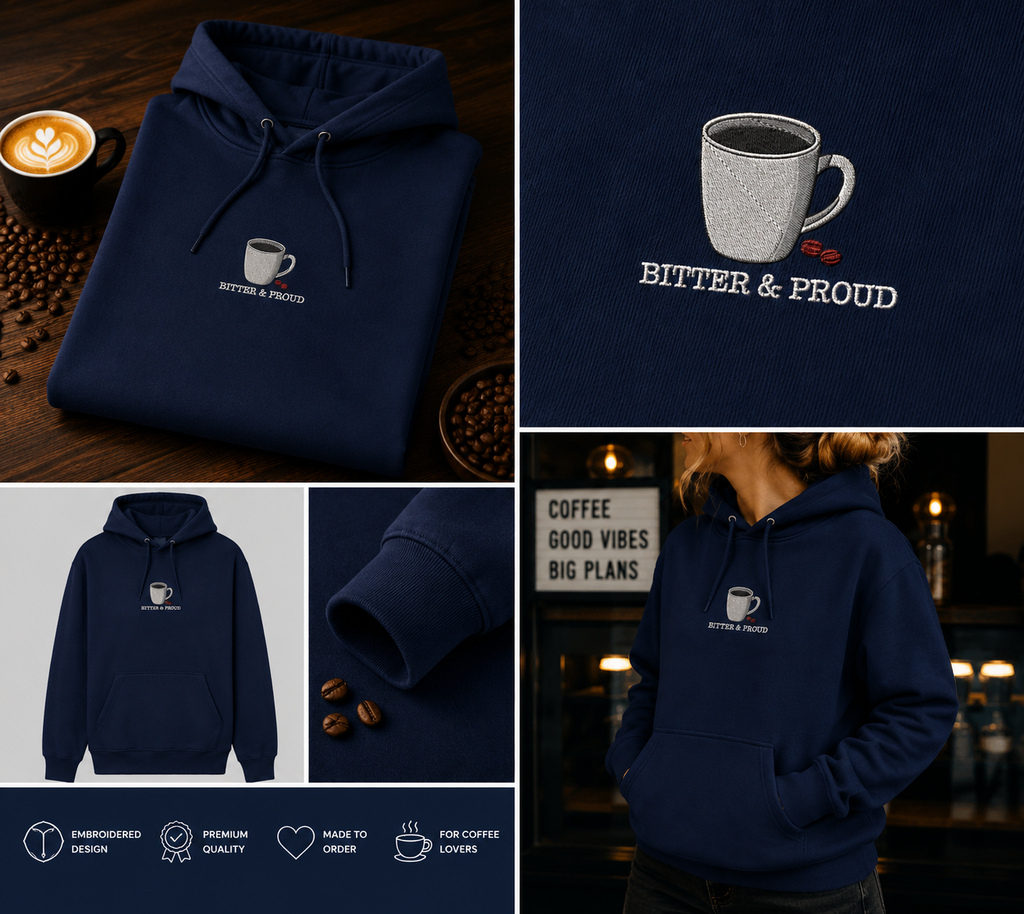 Bitter and Proud Coffee Hoodie | Embroidered Black Coffee Design